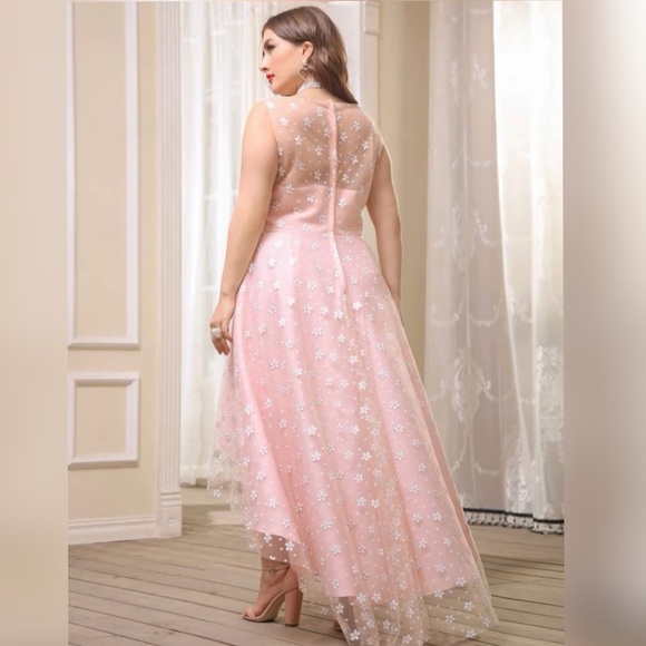 Plus Floral Print Mesh Overlay High Low Hem Prom Dress - Picture 2 of 3